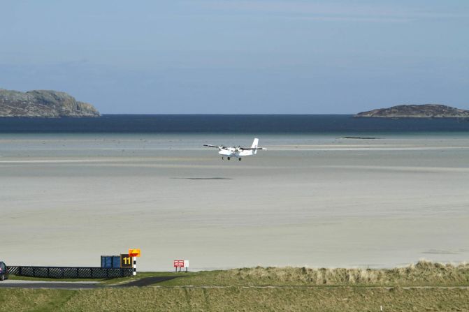 The only airport in the world with scheduled runways landing on a beach, Barra's runway is submerged at high tide.