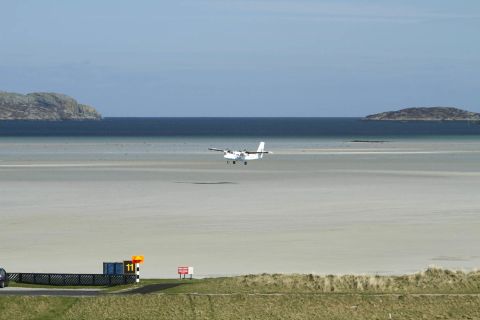 Barra Airport in Scotland is the only airport in the world where scheduled and private charter flights land and take off from the beach. At high tide, the runways are under water, says PrivateFly. 
