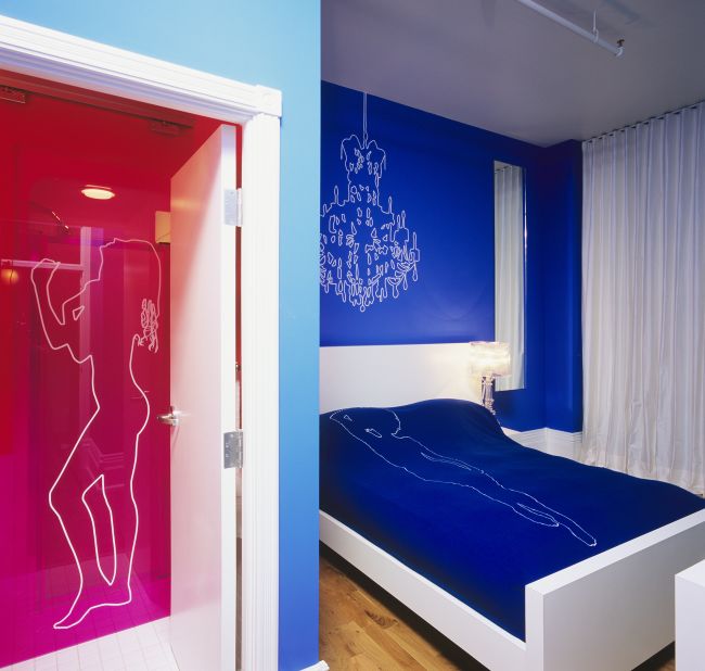 The Blue Line room at the Gladstone Hotel, Toronto, has walls adorned with silhouettes of scantily clad women and cowboys against bright blue walls. However, it's no ordinary blue. The shade is chroma-key blue, the color used for blue screens, allowing guests to video themselves against the walls and digitally insert their own backdrops at a later date. 