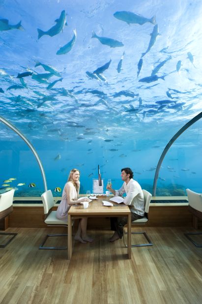 Ithaa (meaning Mother of Pearl) is an underwater restaurant in the Maldives. The acrylic shell of the restaurant was constructed in Singapore before being shipped to Rangalis island, where it can now be found five meters (16 feet) below sea level. 