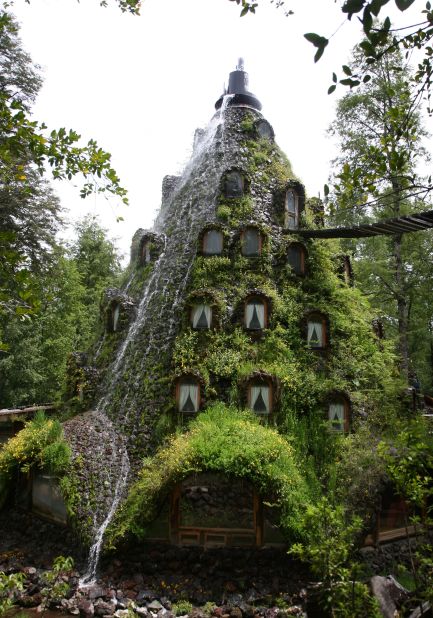 This Chilean hotel is circular and volcano-shaped and located in the middle of the jungle. It's also covered with greenery, and at various points throughout the day it erupts, sending water cascading down the side of the hotel. 