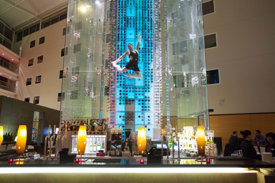Once visitors to the Radisson Blu Stansted Airport<strong> </strong>hotel's bar have selected their wine, an acrobatic "wine angel" steps into a harness and retrieves the bottle from among 4,000 in the 13-meter-high (42 feet) wine tower. 