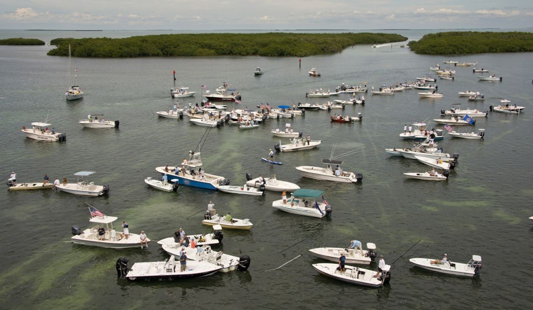 Boaters gather to protest the closure of Everglades National Park waters on October 9 near Islamorada, Florida. About a third of the 2,380-square-mile park encompasses Florida Bay and has been closed to Florida Keys guides and recreational fishermen since October 1.
