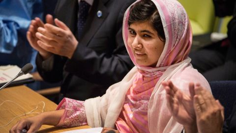 Malala is applauded before she speaks at the United Nations Youth Assembly in New York on July 12, 2013, her 16th birthday. "They thought that the bullets would silence us, but they failed," she said. "And then, out of that silence, came thousands of voices."