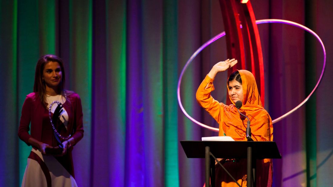 Queen Rania of Jordan presents Malala with the Leadership in Civil Society Award at the Clinton Global Citizen Awards ceremony in New York in September 2013.