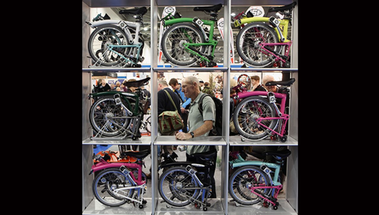 There are dozens of foldable bikes on the market these days, as more and more urbanites jump on the cycling bandwagon. Lugging your bike on trains and buses used to be a drag, but with foldable bikes like the Bromptons on display here, you have no excuse any more.