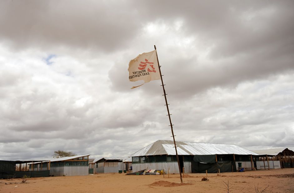A flag bearing the logo of Medecins sans Frontieres (also known as Doctors Without Borders) stands in the middle of a makeshift clinic at Kenya's Dadaab refuge on October 16, 2011. Medicins sans Frontieres won the Nobel Peace Prize in 1999.  