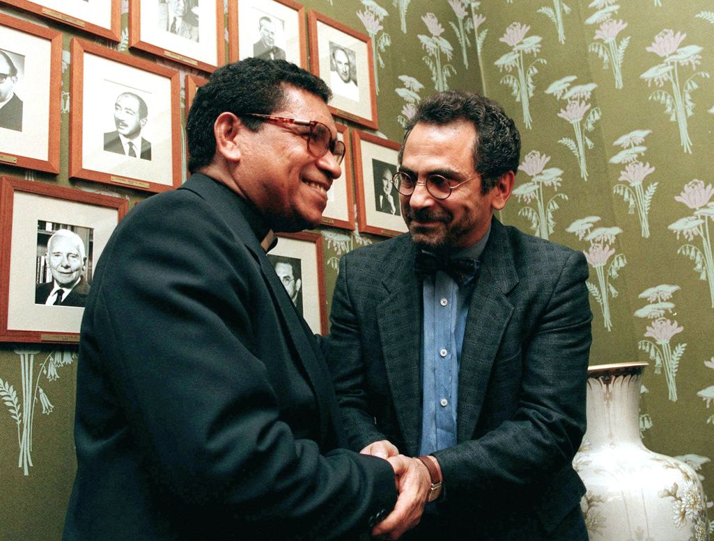 Bishop Carlos Filipe Ximenes Belo, left, and Jose Ramos-Horta shake hands at the Norwegian Nobel Institute in Oslo on December 9,1996, prior to the awarding ceremony. Belo and Ramos-Horta won the Nobel Peace Prize in 1996.  