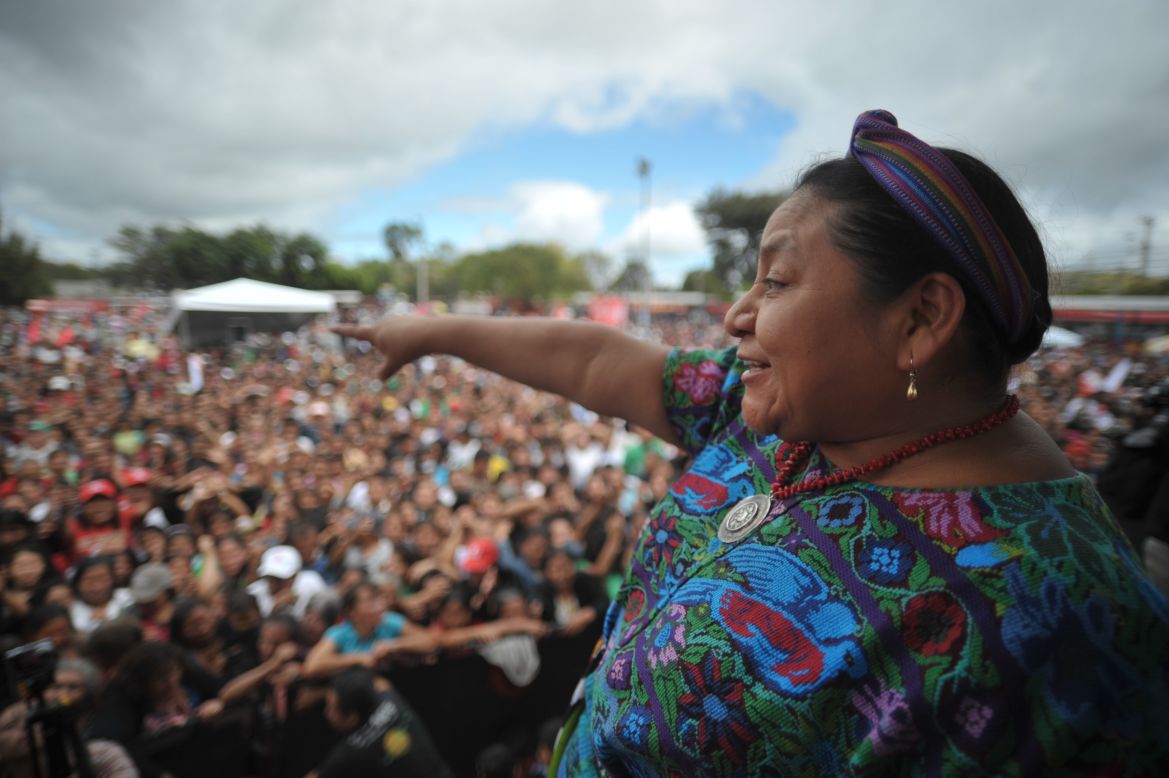 Rigoberta Menchu campaigns in the Alameda neighborhood of Guatemala City, Guatemala, on November 4, 2011. Menchu won the Nobel Peace Prize in 1992. 