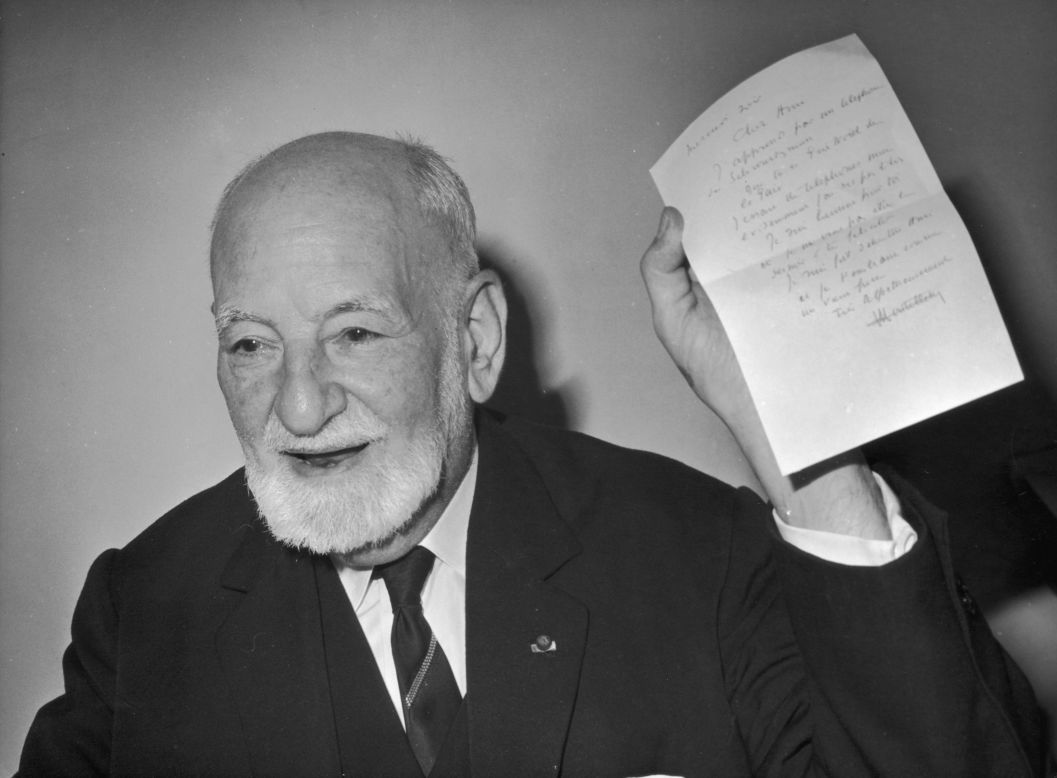 Rene Cassin, the French jurist and a deputy chairman of the NATO committee for human rights, holds up a telegram after being notified of winning the Nobel Peace Prize in 1968. 