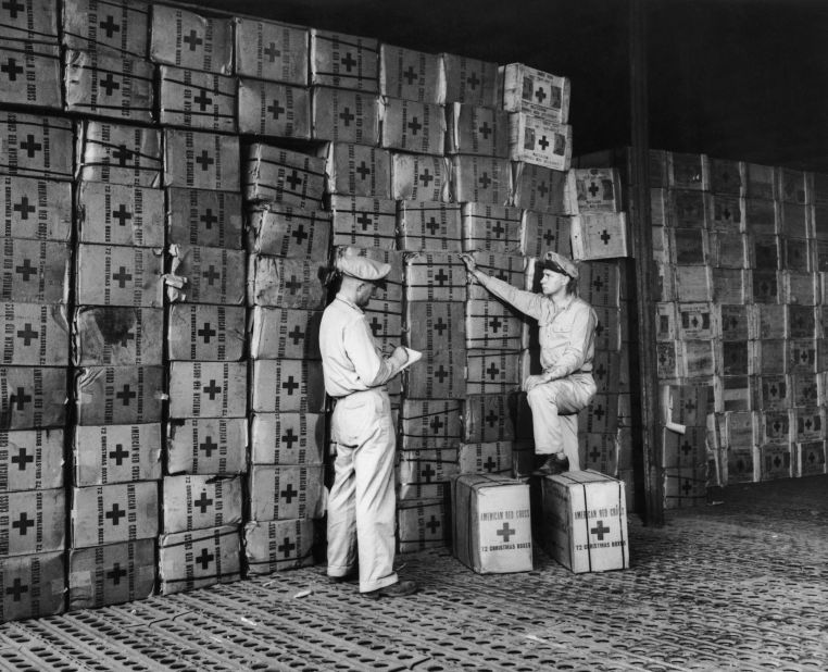 American Red Cross workers check packages for troops fighting in Leyte, Philippines, on November 20,1944. The International Committee of the Red Cross won the Nobel Peace Prize in 1944.  