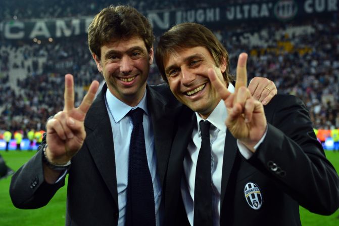 Juventus president Andrea Agnelli (left) celebrates the Old Lady's 2013 Serie A title win with the club's coach Antonio Conte.
