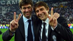 Juventus president Andreas Agnelli celebrates their 2013 Serie A win with the club's manager Antonio Conte