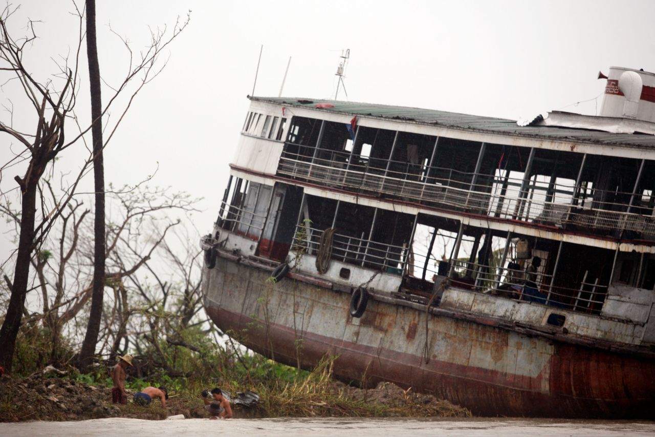 The shell of a ferry is dumped on land in Bogale by fierce winds and waves whipped by Cyclone Nargis, in a photo dated May 18, 2008. Around 140,000 people were killed across Myanmar in the country's worst ever natural disaster.
