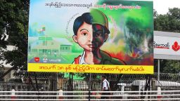 A sign recently erected in Yangon aims to raise awareness of the illegal recruitment of underage boys to the Burmese state military.