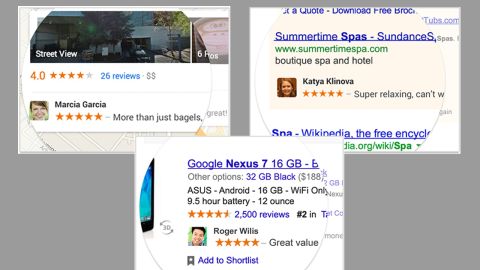 These examples show how an endorsement might appear in Google Maps, a Google search or Google Shopping.
