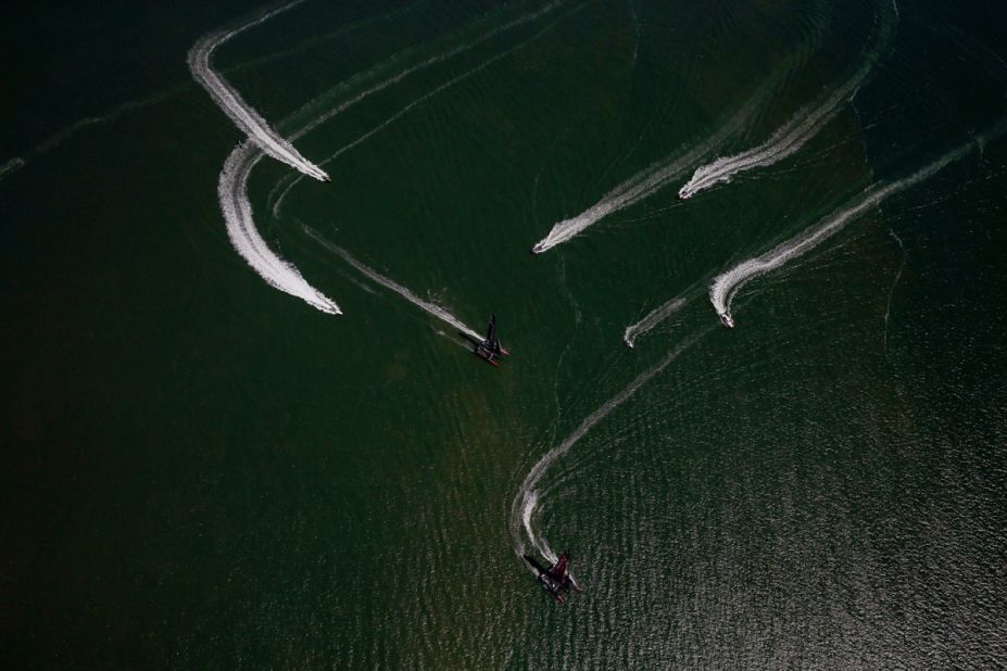 "When I was in the helicopter we either had to fly on the outside of the race course, or at an altitude of about 400 meters to stay away from the television helicopters that had priority. Although it was a little high to get intense action pictures, I was able to work the lines of the boats into the composition," said Shaw.