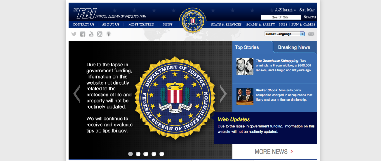 According to the FBI's website, information not directly related to the protection of life and property will not be routinely updated on the site.