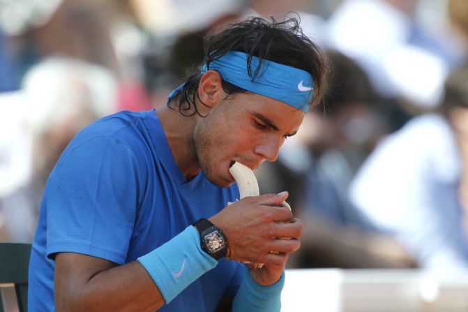 Rafael Nadal and other star players eat copious quantities of bananas for quick energy release during long matches.