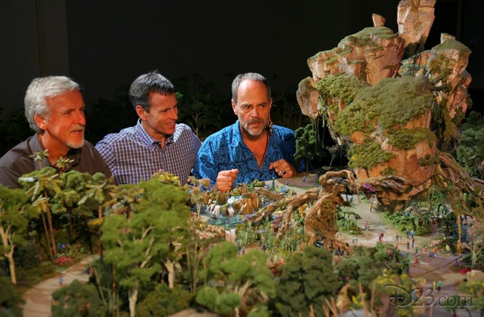 Walt Disney Imagineering's Joe Rohde (right) shares highlights of the Avatar project model with James Cameron (left) and Walt Disney Parks & Resort chairman Tom Staggs. The new Avatar-themed land will be located between the Animal Kingdom's Africa and  Oasis zones.