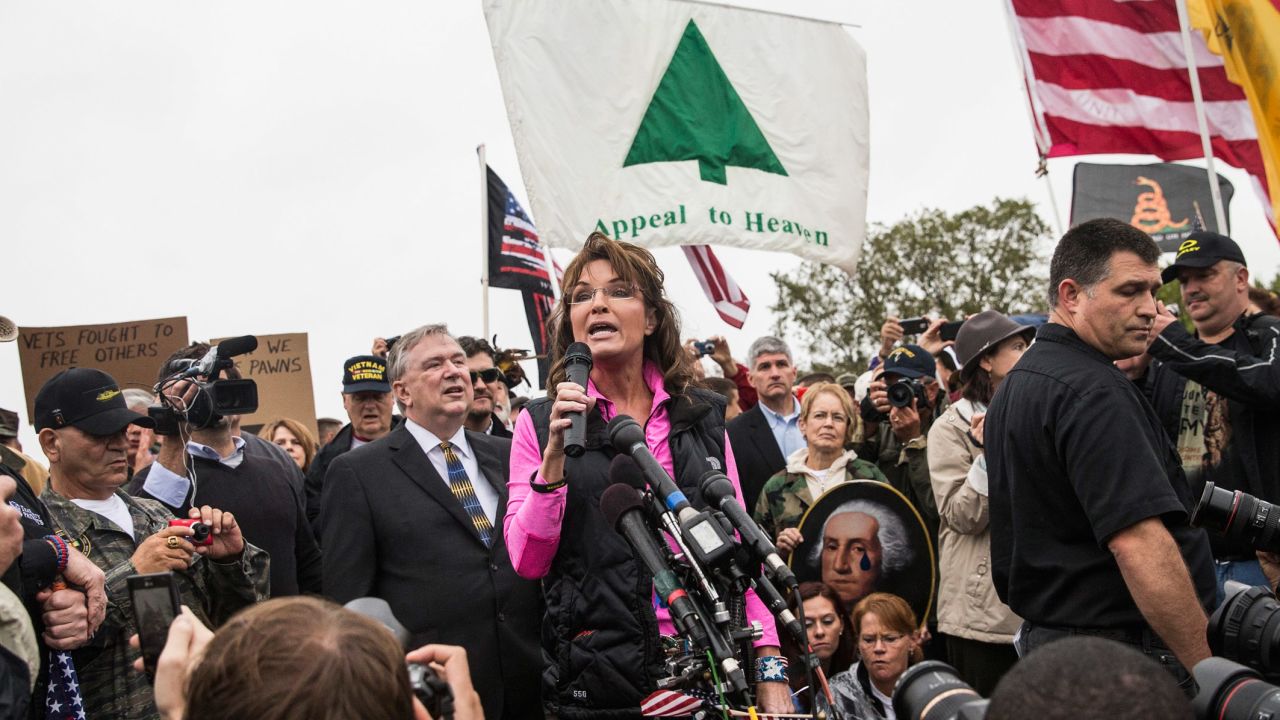 Former Alaska Gov. Sarah Palin speaks at a rally Sunday regarding the government shutdown.