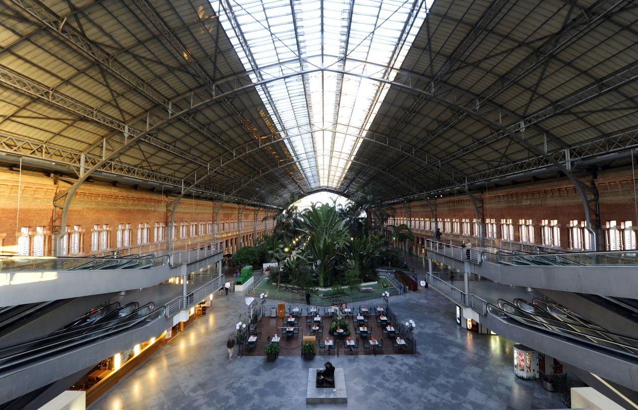 Atocha is the largest railway station in the Spanish capital, Madrid. The vast terminal services high-speed (AVE) trains, local commuter lines and a phalanx of inter-city routes. It also plays host to a 4,000-square meter garden filled with tropical plants and flowers (pictured). 