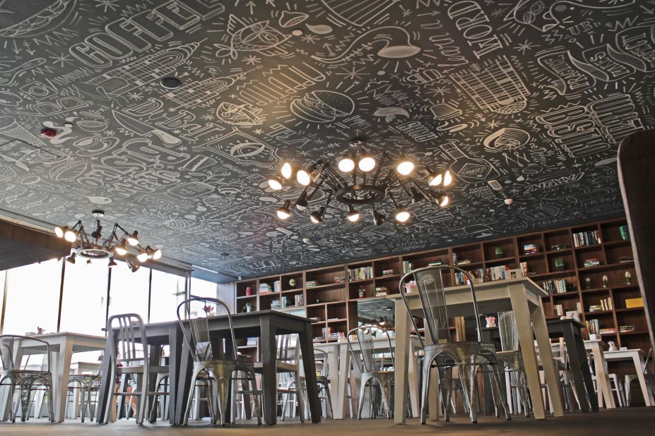 Many businesses in Dubai are incorporating graffiti art into their design. Sanchez painted the ceiling of local cafe, Urban Bistro.