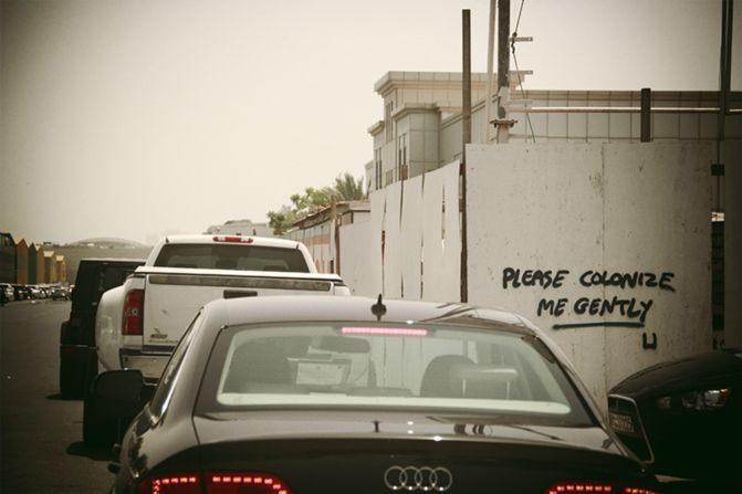 Blank tends to target temporary architecture in the city, which he tags with social commentary and philosophical missives.