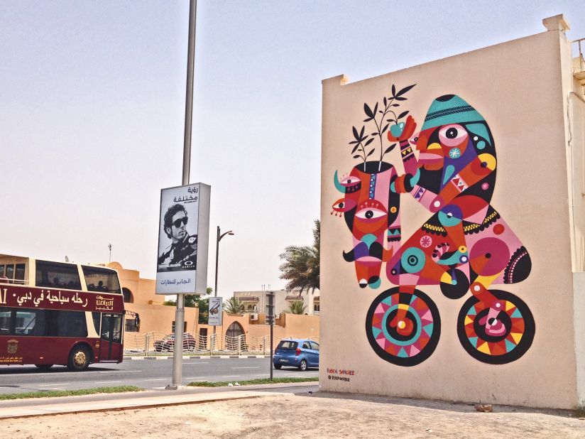 While street artists rarely ask for permission in other cities, in Dubai, it's par for the course. Sanchez has been getting approval from the local government and property owners before crafting his murals.