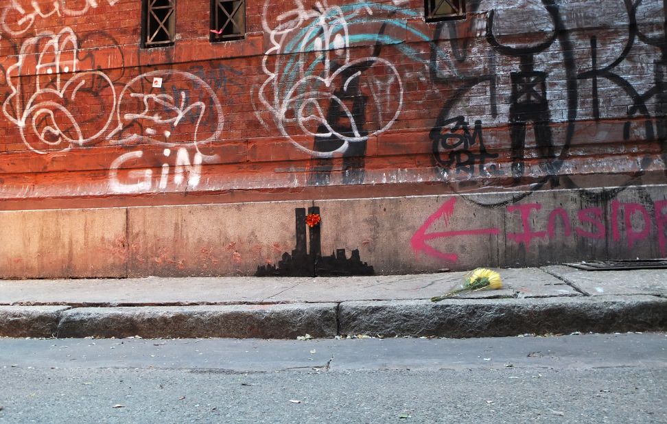 Graffiti depicting the Twin Towers popped up in the Tribeca neighborhood of New York in October 2013.