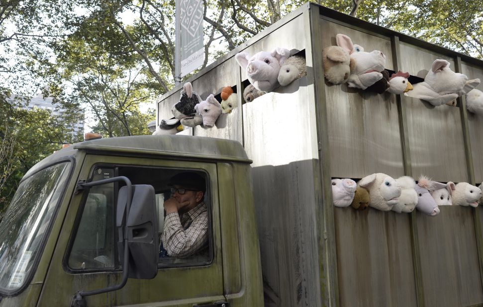 Banksy's <a href="http://www.banksyny.com/2013/10/11/meatpacking-district" target="_blank" target="_blank">"Sirens of the Lambs"</a> art installation tours the streets of Manhattan in October 2013. It was a fake slaughterhouse delivery truck full of stuffed animals.