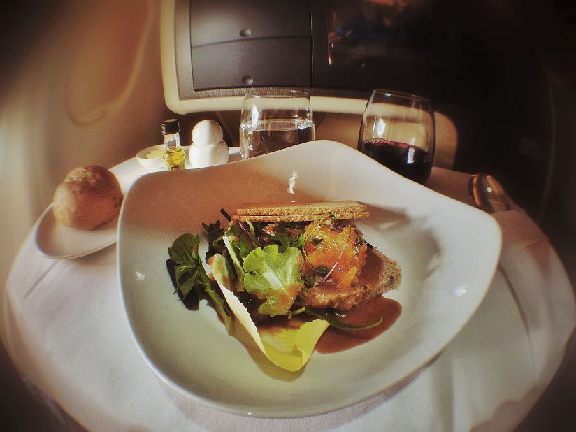 The flight serves breakfast, "light bites" and dinner. Passengers are offered an option of preselecting their meals before boarding. "The meals are paced well," says passenger Charles Yap.