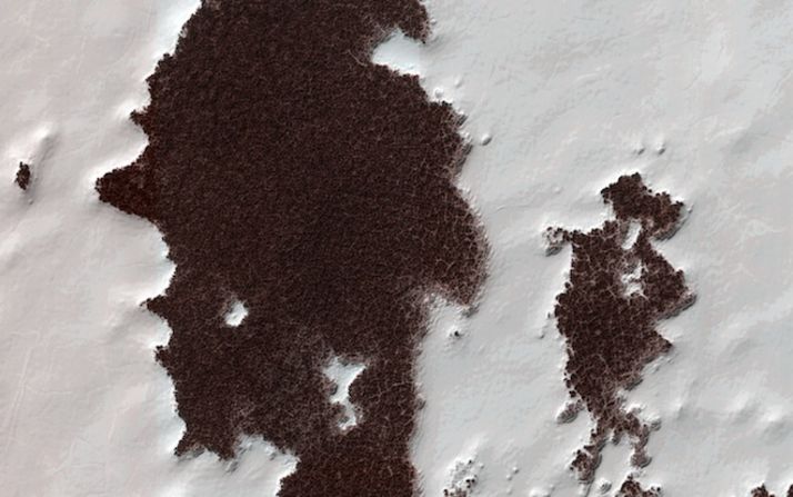 Marte es tan frío que el dióxido de carbono congelado, o hielo seco, permanece de estación en estación en su polo sur. Las zonas blancas de esta imagen muestran esta capa de hielo seco residual mientras que las zonas más oscuras son agua helada con polvo y partículas atrapadas en su interior. En cuanto a por qué esa formación en la parte inferior derecha parece Norteamérica, ¿quién sabe?