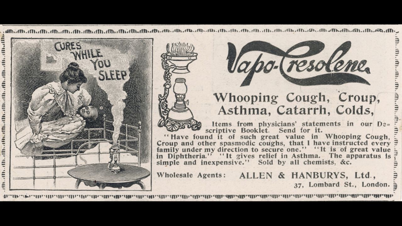 The Vapo-Cresolene vaporizer was supposed to cure whooping cough, croup, asthma and the common cold. Made with carbolic acid, it was advertised as a germ killer if inhaled.