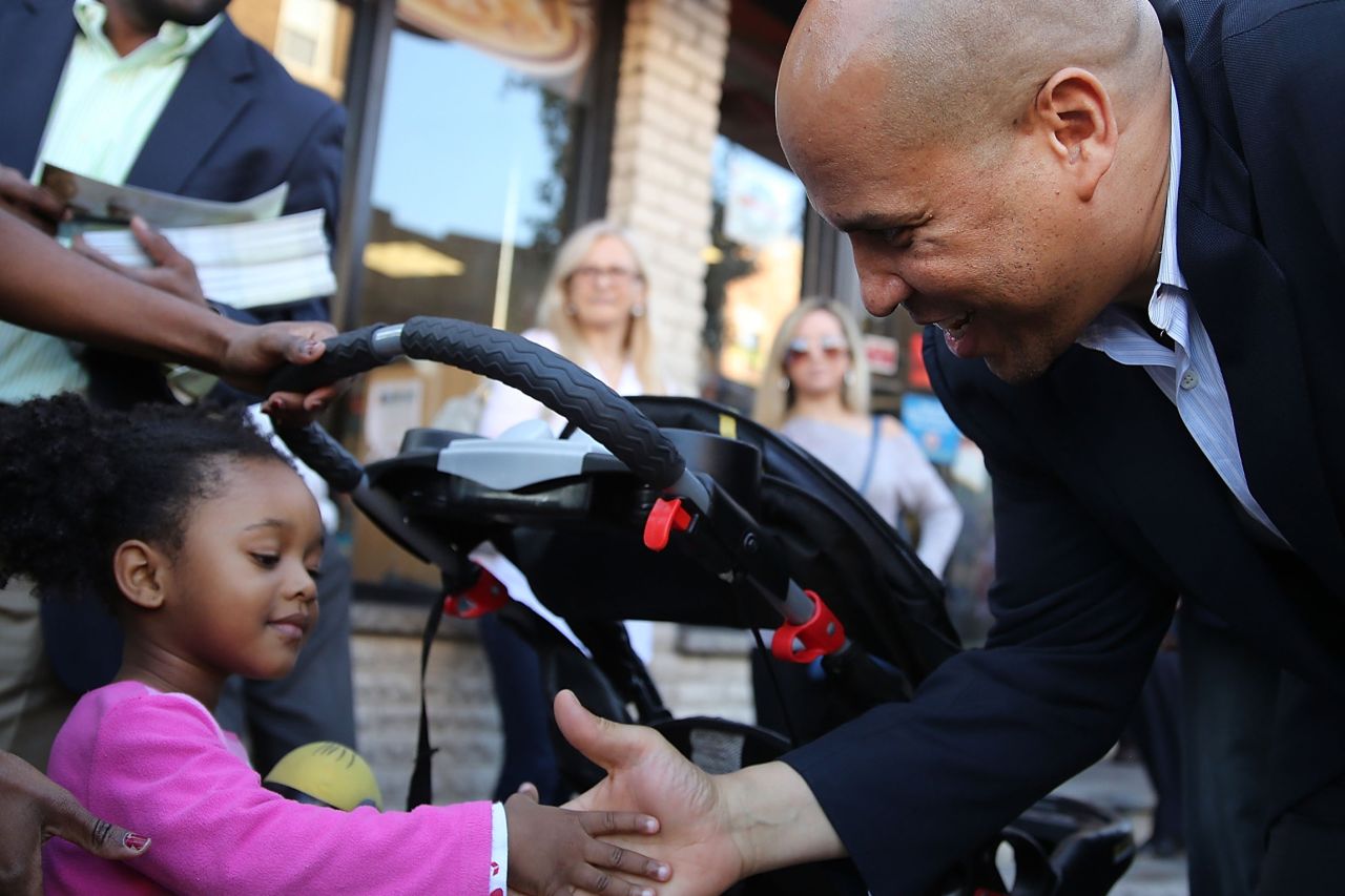 Booker campaigns in downtown Newark on October 15.