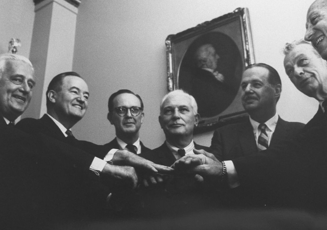 In 1964, a civil rights bill proposed by congressional Democrats was opposed by Republican senators and led to one of the longest filibusters in Senate history. Eventually, Majority Leader Hubert Humphrey, second from left, reached out to his Republican counterpart Sen. Everett Dirksen, second from right, to put an end to the debate. The bill passed nine days later. 