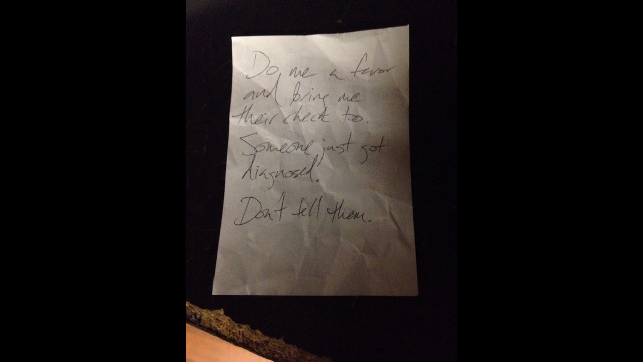 The note a man wrote at a restaurant in Cambridge, Massachusetts.