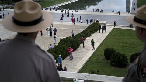 Park rangers are on duty at the Lincoln Memorial on October 17.
