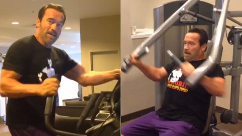 Arnold Schwarzenegger posted a video of himself working out in a hotel gym on Instagram.