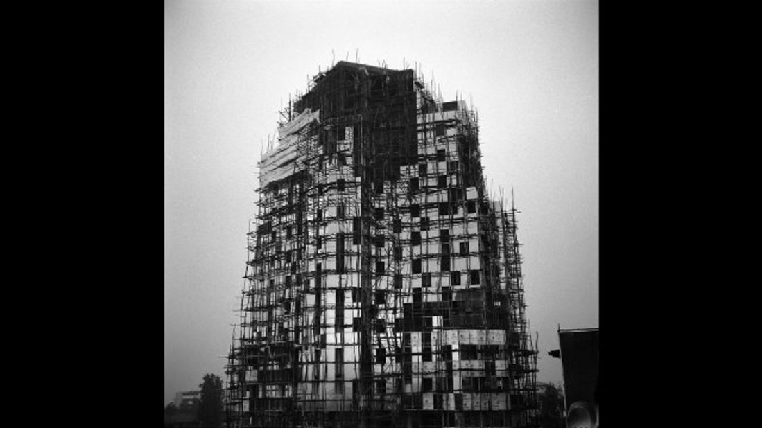 An image by Ethiopian photographer Michael Tsegaye, from the series "Future Memories." It depicts a new office building under construction in Addis Ababa.