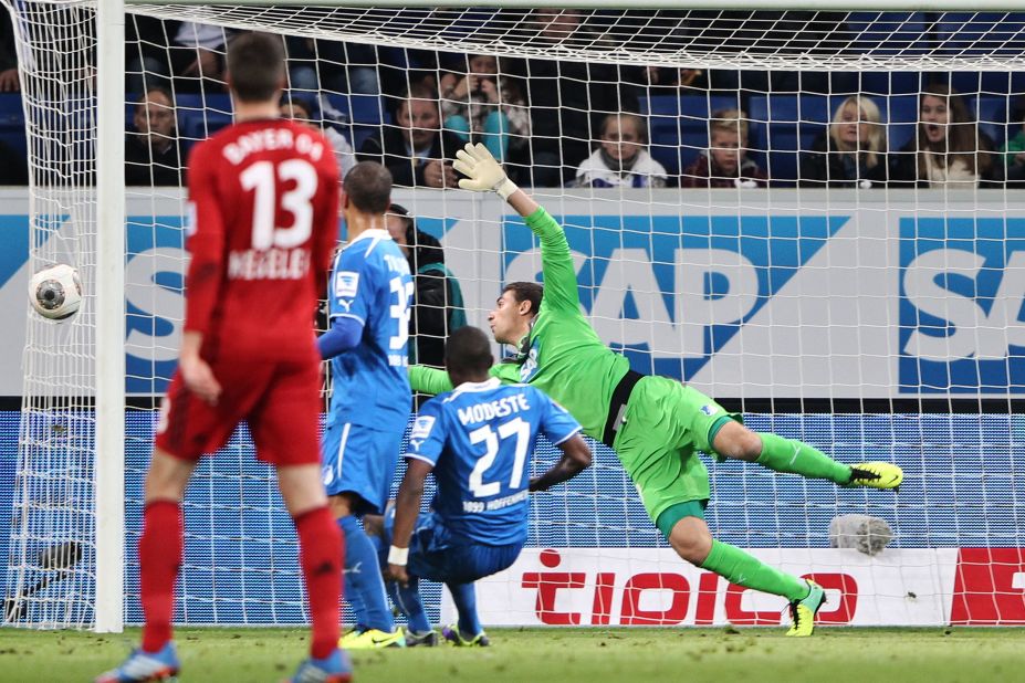 Stefan Kiessling's 70th minute header against Hoffenheim goes into the side netting but referee Felix Brych awarded a goal in their 2-1 away win.