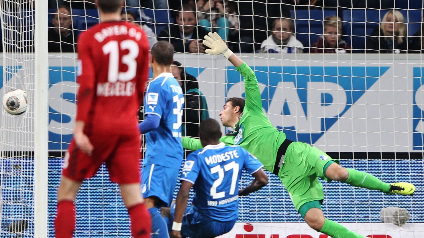 Stefan Kiessling was awarded a goal against Hoffenheim even though his header went in through the side netting. 