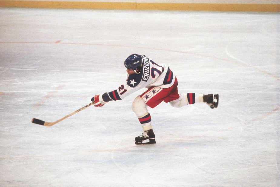 Mike Eruzione, captain of the U.S. Olympic hockey team, plays in the 1980 Winter Olympics at Lake Placid, New York, where the U.S. team defeated the Soviet Union. He sold the uniform he wore for $657,250. 