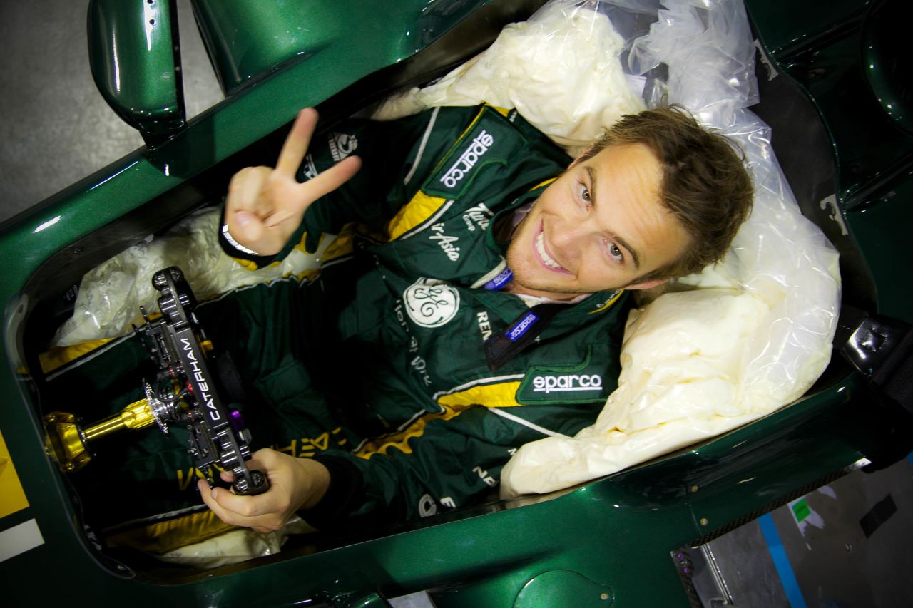 Space is at a premium in an F1 cockpit as Caterham driver Giedo Van Der Garde - another of the taller drivers on the grid - finds out in his seat fitting for the 2013 car.