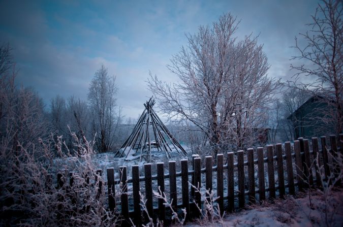 Larsen spent four years living with the indigenous Sami people of Scandinavia, as part of the photography project. Tepee-style structures are common in Sami villages, where they are often used to smoke reindeer meat.