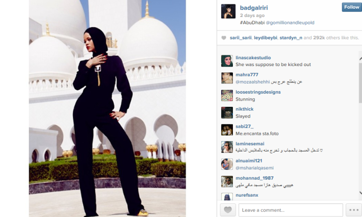 Singer Rihanna was <a href="index.php?page=&url=http%3A%2F%2Fwww.cnn.com%2F2013%2F10%2F21%2Fshowbiz%2Frihanna-mosque-pictures%2Findex.html">asked to leave</a> when she staged an impromptu fashion photo shoot at the Sheikh Zayed Grand Mosque Center in the United Arab Emirates in October 2013.
