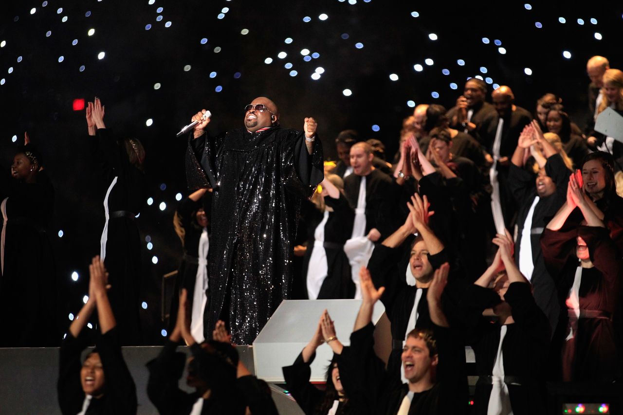 Green performs during the Super Bowl XLVI halftime show on February 5, 2012, in Indianapolis.