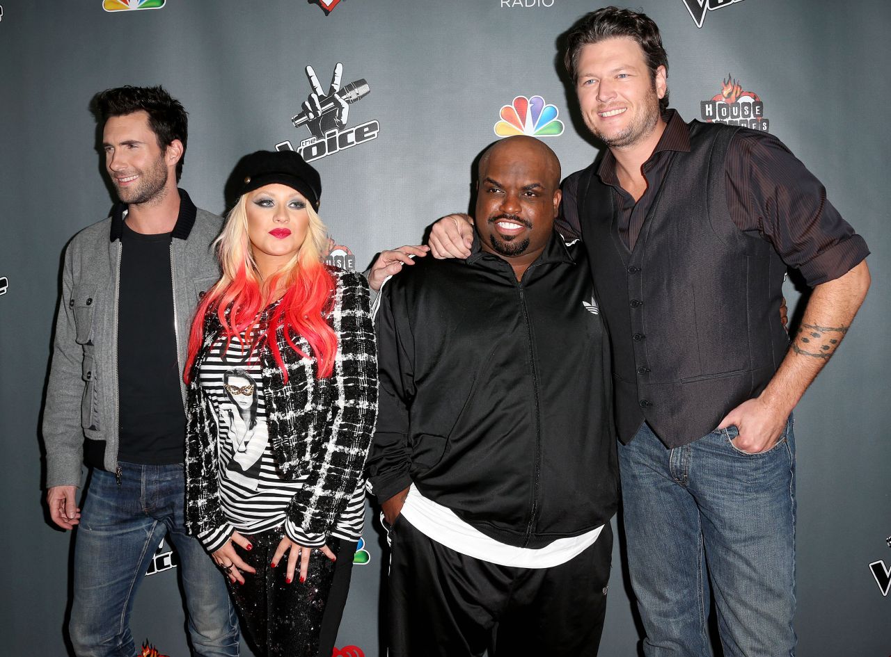 Judges of "The Voice" -- Adam Levine (from left), Christina Aguilera, Green and Blake Shelton -- attend the Season 3 red carpet event on November 8, 2012, in West Hollywood, California.