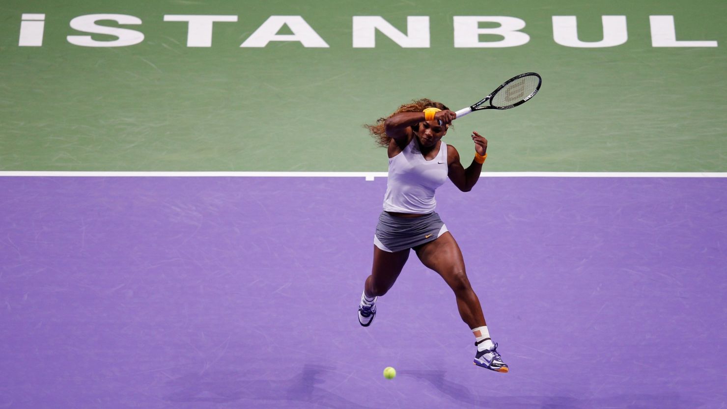 Serena Williams blasts a forehand winner during a straight sets win over Angelique Kerber at the Sinan Erdem Dome.  