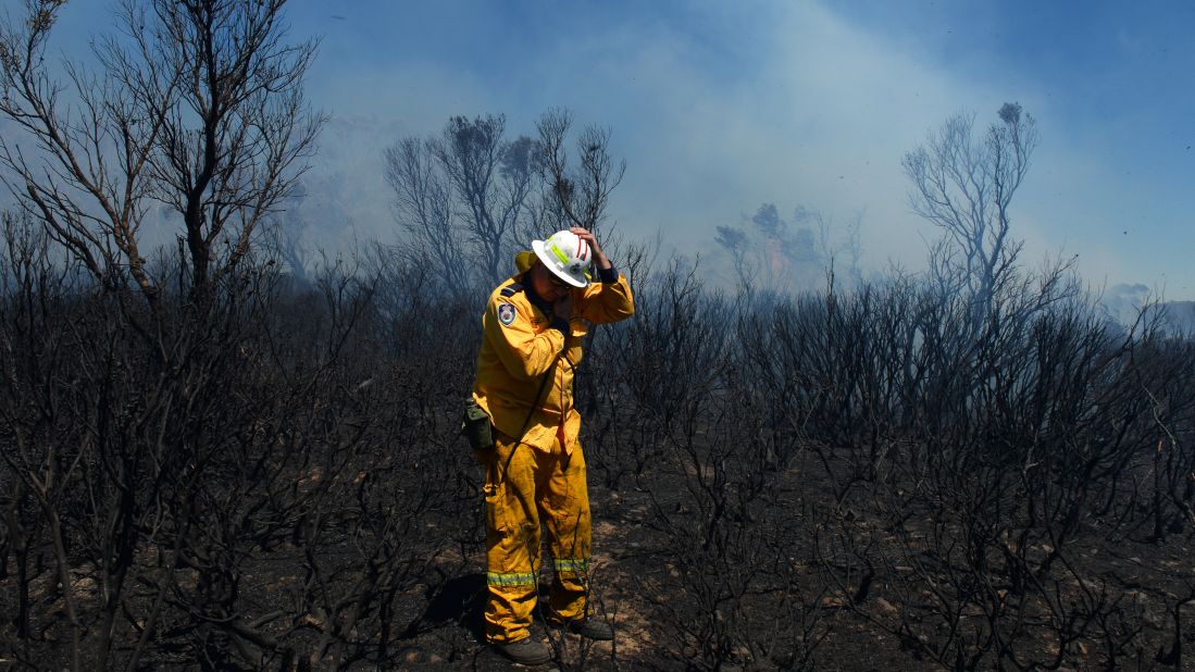 A volunteer firefighter holds onto his helmet as strong winds push through the Mount York fire area near the Blue Mountains on October 23.